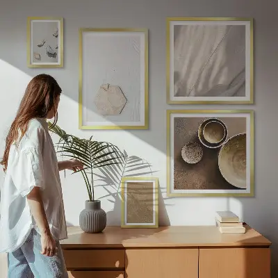 Tavelvägg med 5 tavlor minimalistiska texturer i varma toner