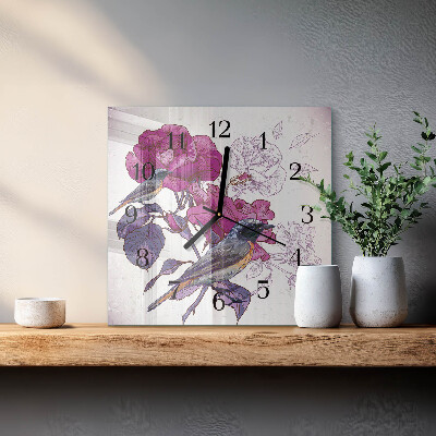 Väggklocka fyrkantig Fåglar och blommor