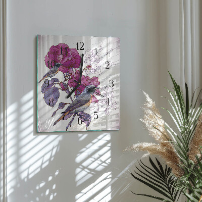 Väggklocka fyrkantig Fåglar och blommor